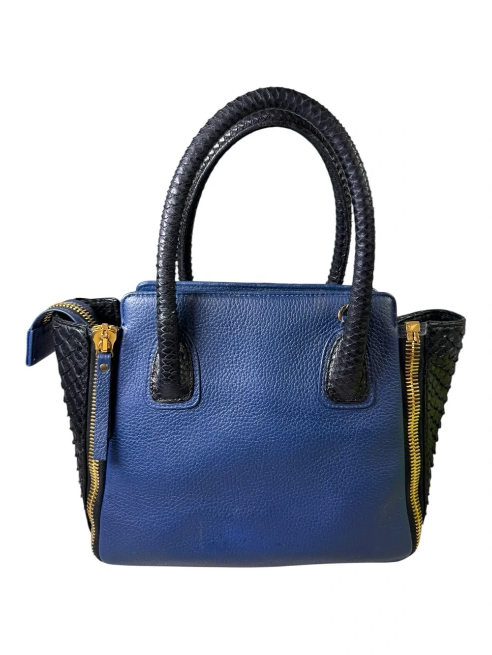 Paige Gamble Blakeley Blue Leather Black Python Exotic Zipper Satchel Tote Bag
